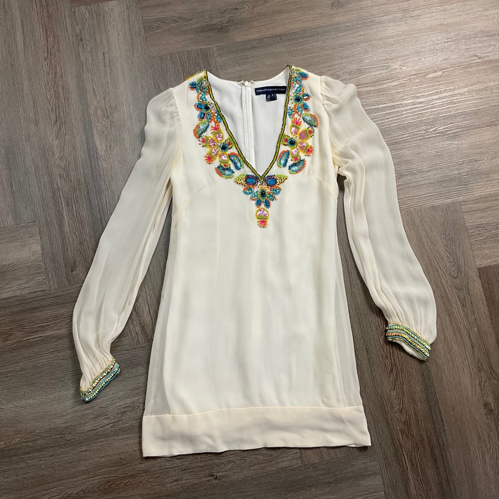 French Connection Silk Beaded Paradise V Neck Long Sleeve Mini Dress 2 Boho
